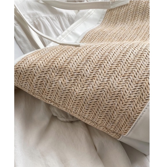 Large Tote Straw Bag Khaki Beige Lined White Faux Leather Details Zipper - Picture 6 of 8